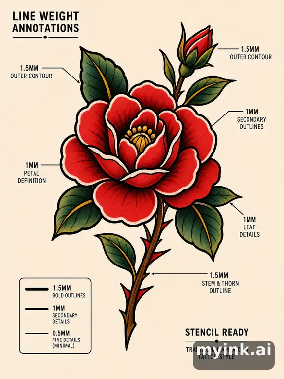 Clean stencil-ready botanical tattoo with line weight annotations — Traditional Tattoo Design reference image