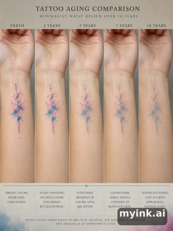 Tattoo aging comparison for a minimalist wrist design over ten years — Watercolor Tattoo Design reference image