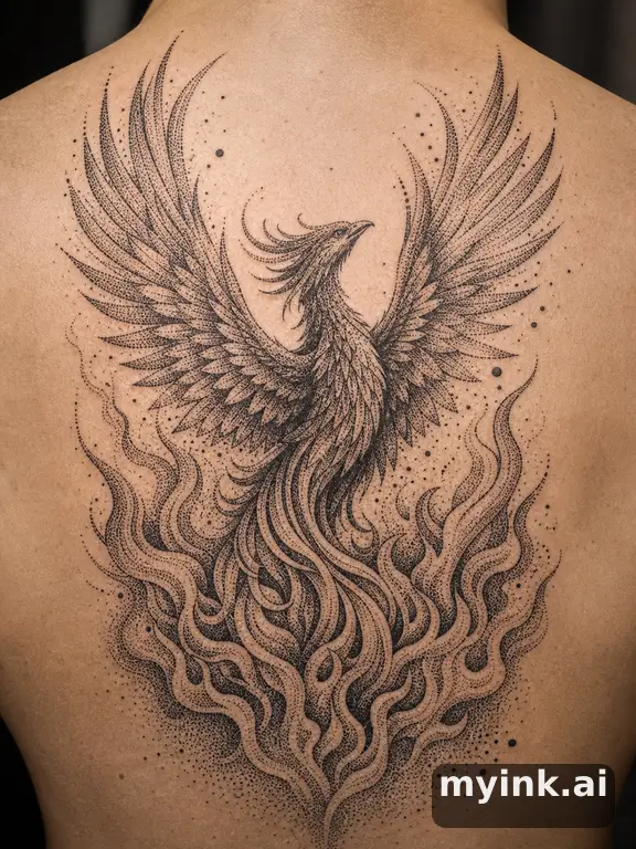 Phoenix rising from flames — Dotwork Tattoo Design reference image