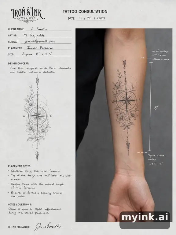 First tattoo consultation sheet with a fine-line forearm design and placement notes — Realistic Tattoo Design reference image
