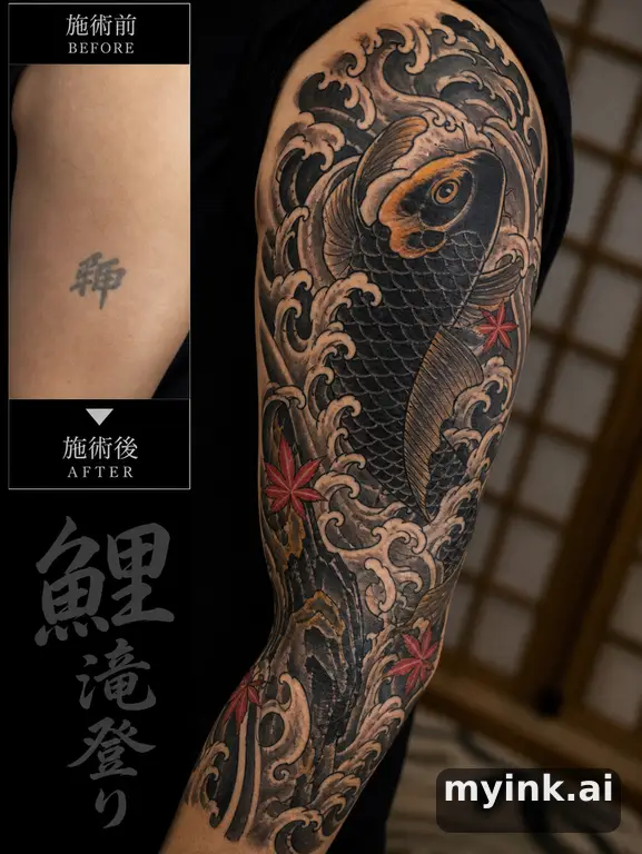 Before-and-after cover-up direction that absorbs an old small symbol — Japanese Tattoo Design reference image