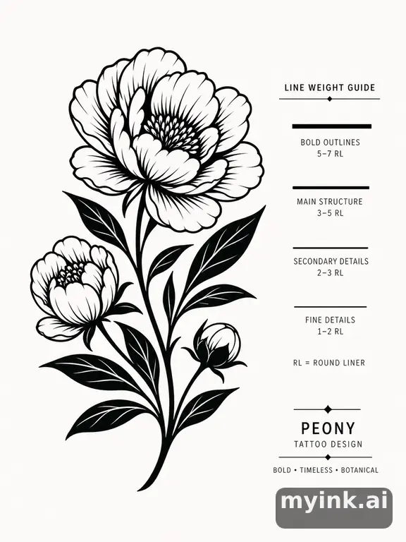 Clean stencil-ready botanical tattoo with line weight annotations — Blackwork Tattoo Design reference image