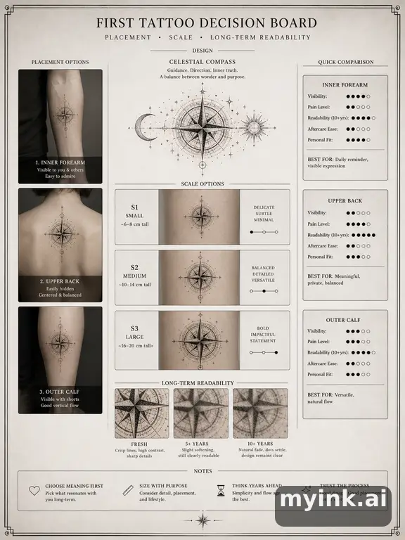 First tattoo decision board comparing placement — Dotwork Tattoo Design reference image