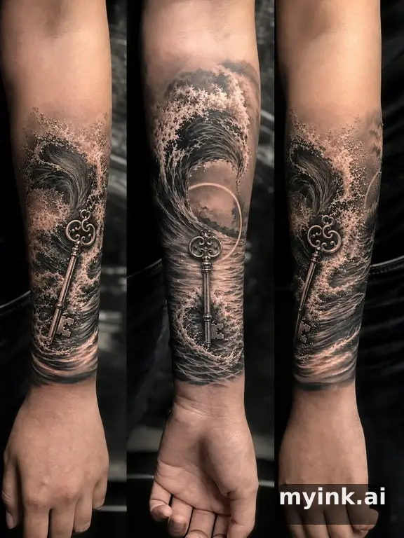 Three symbolic memorial tattoo routes based on ocean waves and a small key — Realistic Tattoo Design reference image