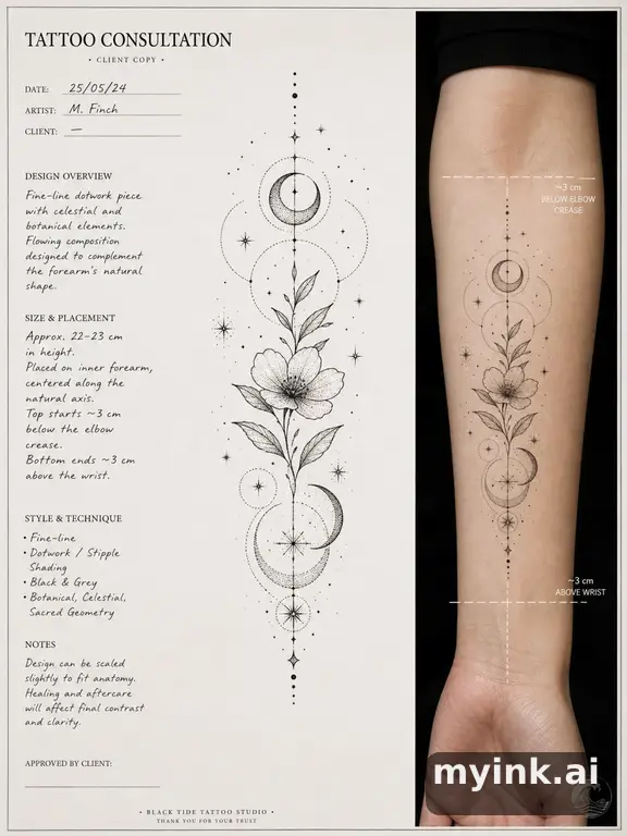 First tattoo consultation sheet with a fine-line forearm design and placement notes — Dotwork Tattoo Design reference image
