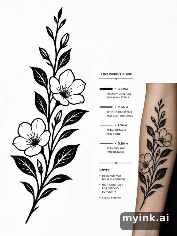 Clean stencil-ready botanical tattoo with line weight annotations — Blackwork Tattoo Design reference image
