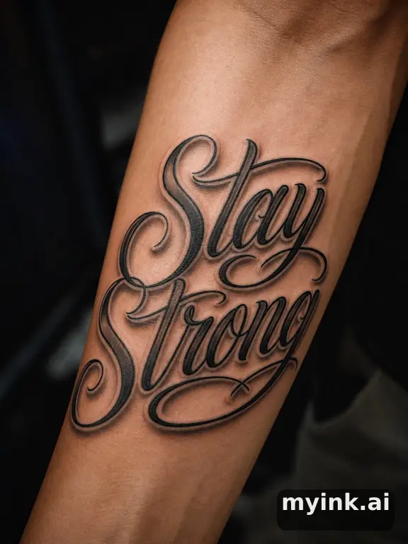 Phrase 'Stay Strong' in script — Realistic Tattoo Design reference image