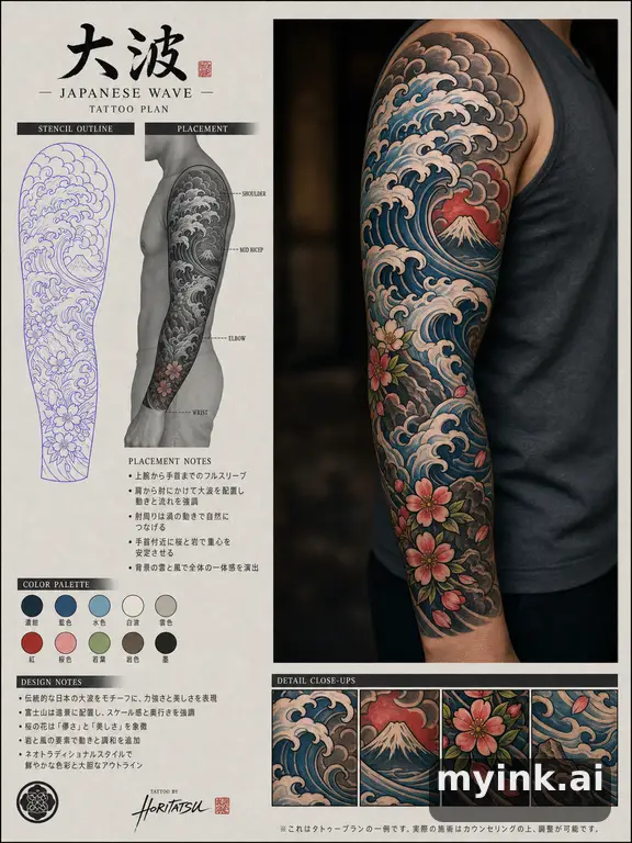 Consultation-ready Japanese wave tattoo plan with stencil and placement notes — Neotraditional Tattoo Design reference image