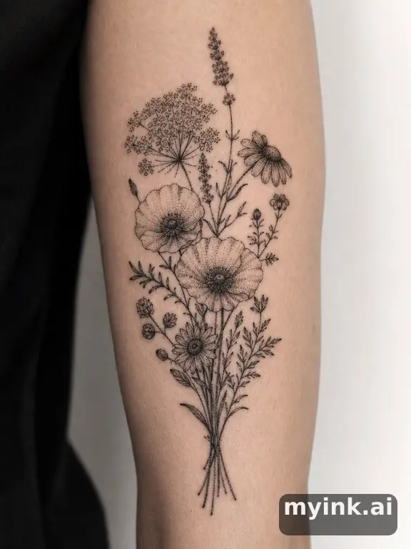 Wildflowers bouquet — Dotwork Tattoo Design reference image