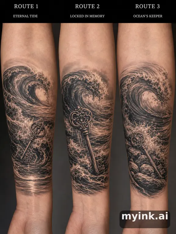 Three symbolic memorial tattoo routes based on ocean waves and a small key — Realistic Tattoo Design reference image