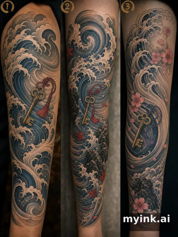 Three symbolic memorial tattoo routes based on ocean waves and a small key — Japanese Tattoo Design reference image