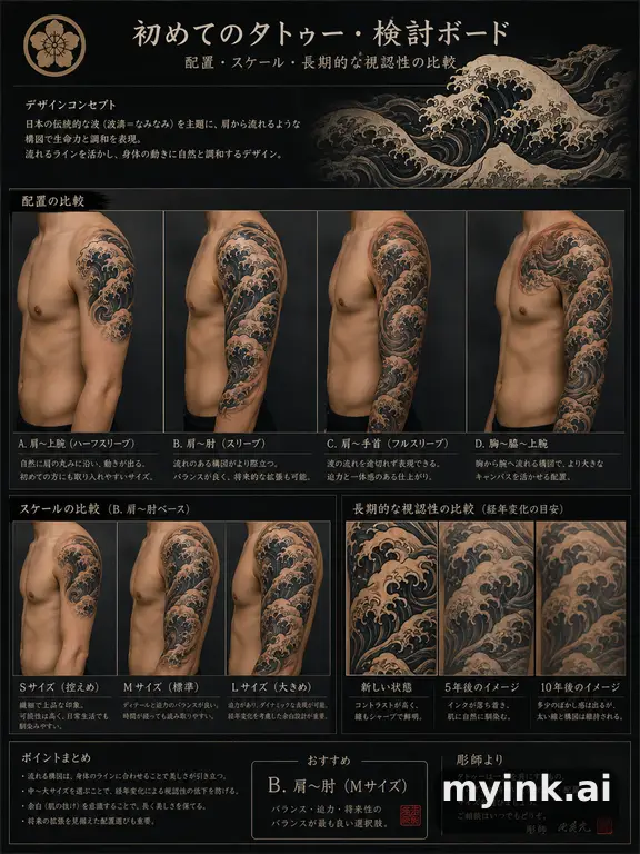 First tattoo decision board comparing placement — Japanese Tattoo Design reference image