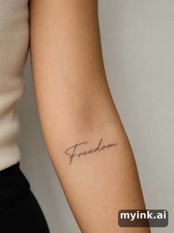 Word 'Freedom' in cursive lettering — Minimalist Tattoo Design reference image