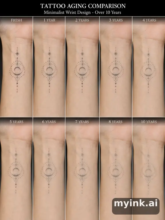 Tattoo aging comparison for a minimalist wrist design over ten years — Dotwork Tattoo Design reference image