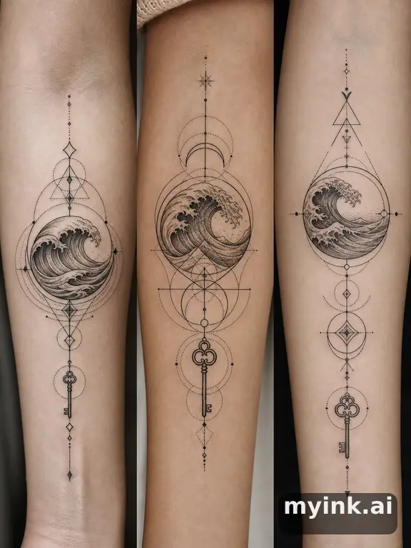 Three symbolic memorial tattoo routes based on ocean waves and a small key — Geometric Tattoo Design reference image