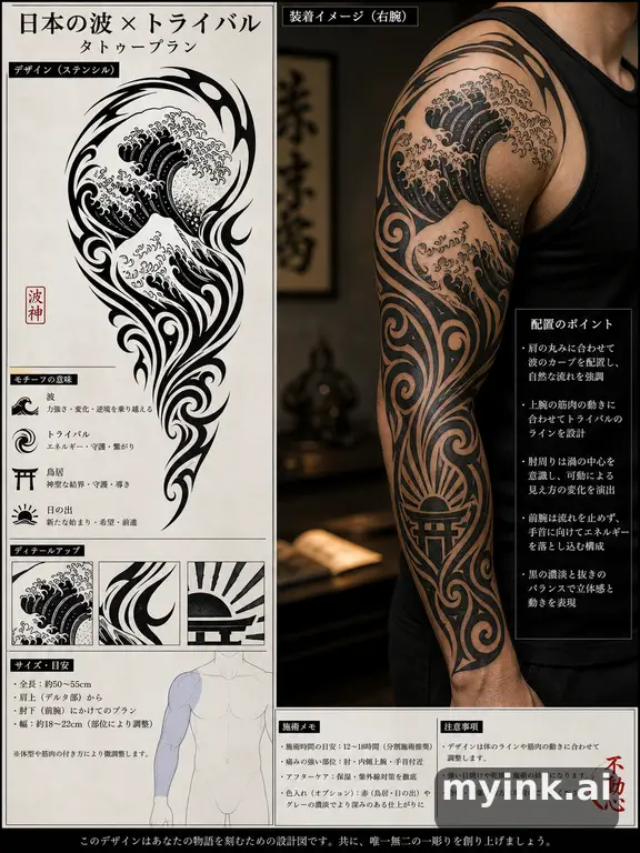 Consultation-ready Japanese wave tattoo plan with stencil and placement notes — Tribal Tattoo Design reference image