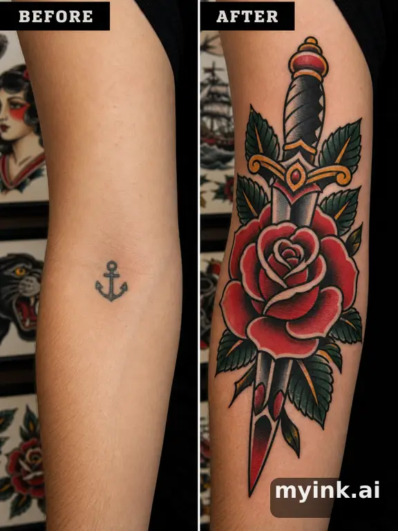 Before-and-after cover-up direction that absorbs an old small symbol — Traditional Tattoo Design reference image