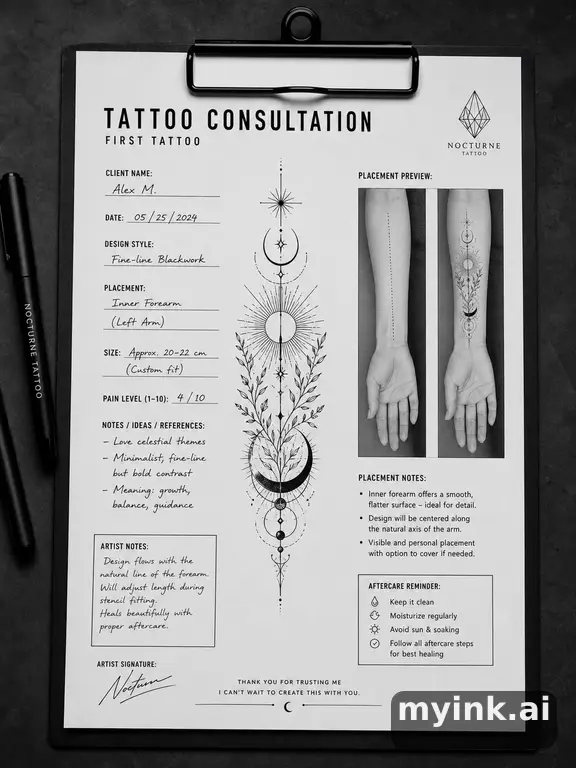 First tattoo consultation sheet with a fine-line forearm design and placement notes — Blackwork Tattoo Design reference image