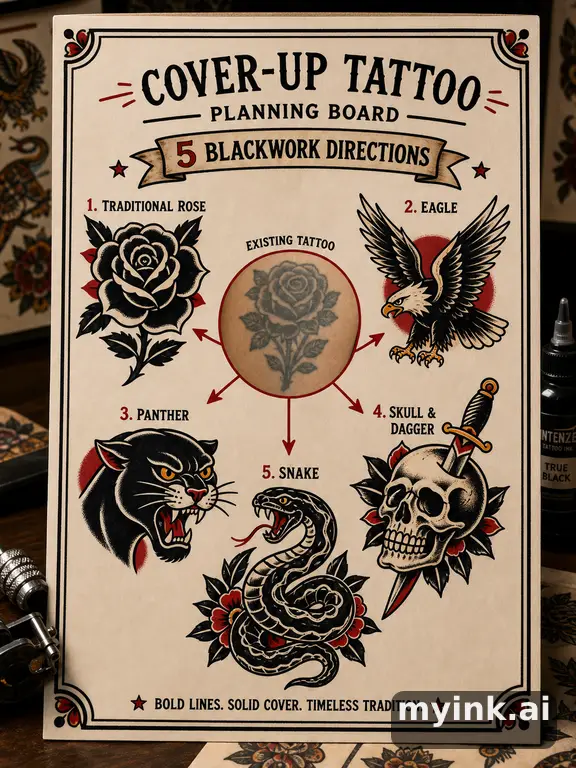 Cover-up tattoo planning board showing five blackwork directions — Traditional Tattoo Design reference image