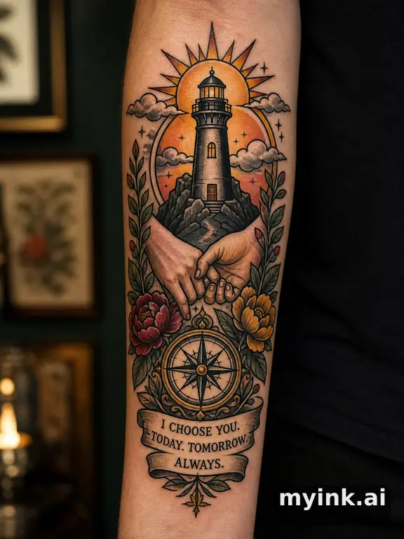 Meaningful vow tattoo concept with subtle symbols and aging-safe spacing — Neotraditional Tattoo Design reference image