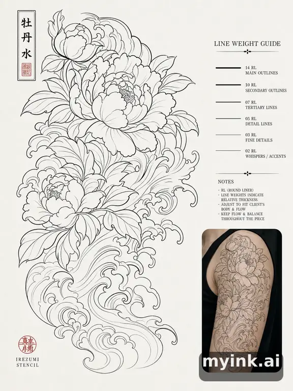 Clean stencil-ready botanical tattoo with line weight annotations — Japanese Tattoo Design reference image