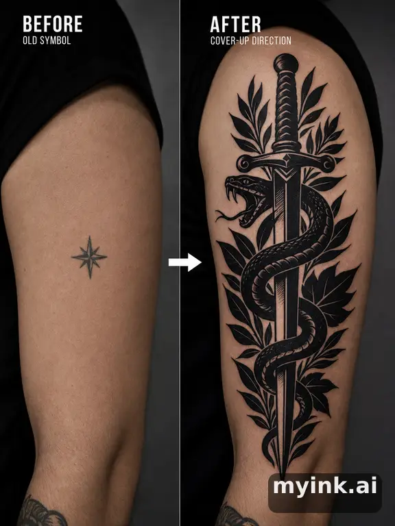 Before-and-after cover-up direction that absorbs an old small symbol — Blackwork Tattoo Design reference image
