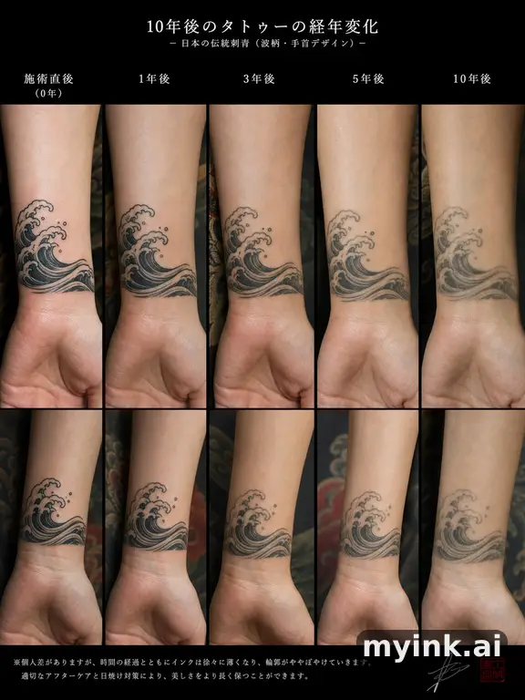 Tattoo aging comparison for a minimalist wrist design over ten years — Japanese Tattoo Design reference image