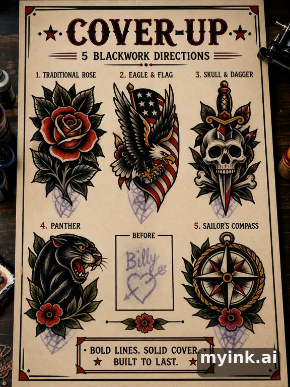 Cover-up tattoo planning board showing five blackwork directions — Traditional Tattoo Design reference image