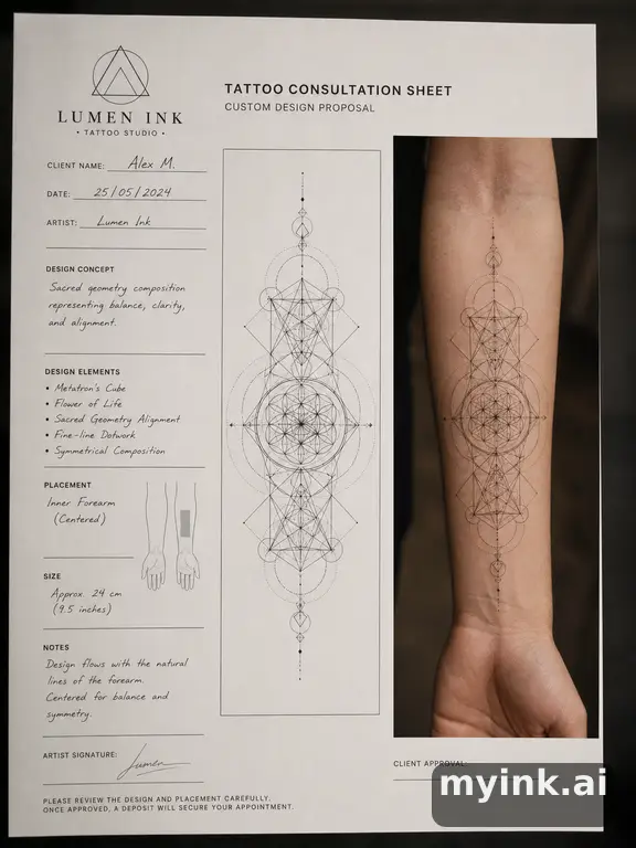 First tattoo consultation sheet with a fine-line forearm design and placement notes — Geometric Tattoo Design reference image
