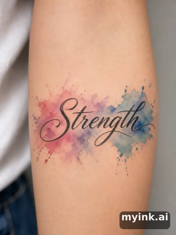 Word 'Strength' in elegant script — Watercolor Tattoo Design reference image