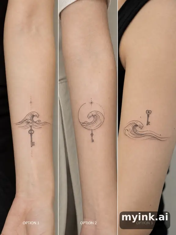 Three symbolic memorial tattoo routes based on ocean waves and a small key — Minimalist Tattoo Design reference image