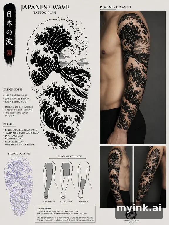 Consultation-ready Japanese wave tattoo plan with stencil and placement notes — Blackwork Tattoo Design reference image