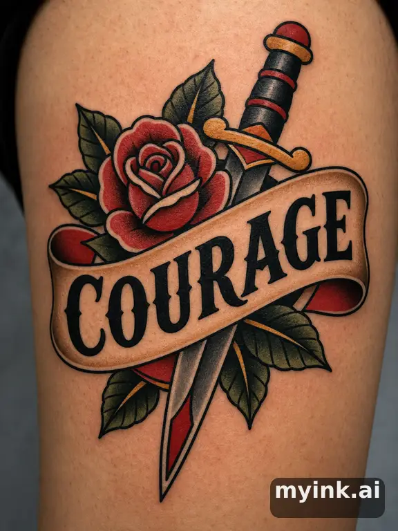 Word 'Courage' in bold typography — Traditional Tattoo Design reference image