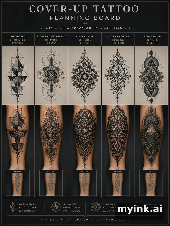 Cover-up tattoo planning board showing five blackwork directions — Geometric Tattoo Design reference image