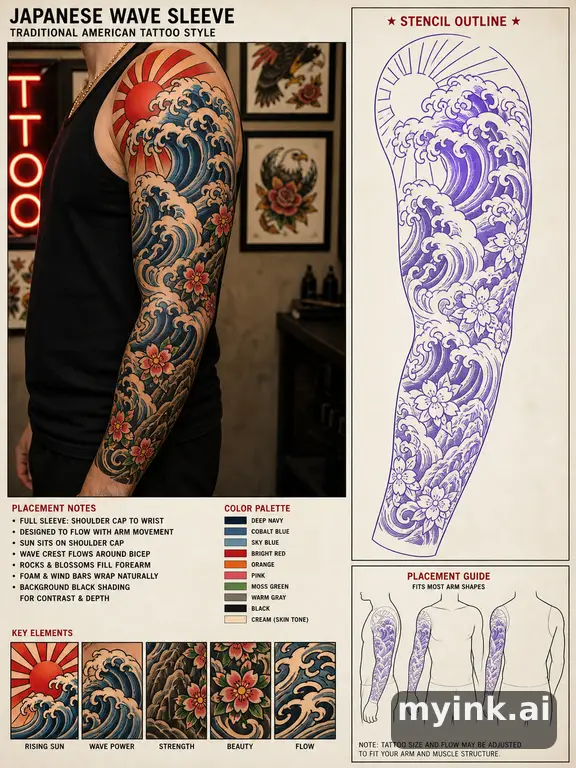 Consultation-ready Japanese wave tattoo plan with stencil and placement notes — Traditional Tattoo Design reference image