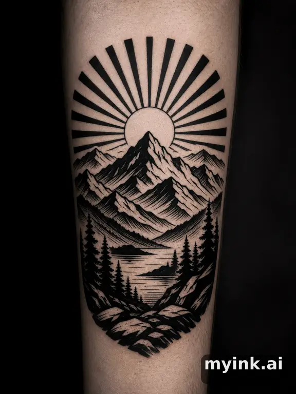 Sunrise over mountains — Blackwork Tattoo Design reference image