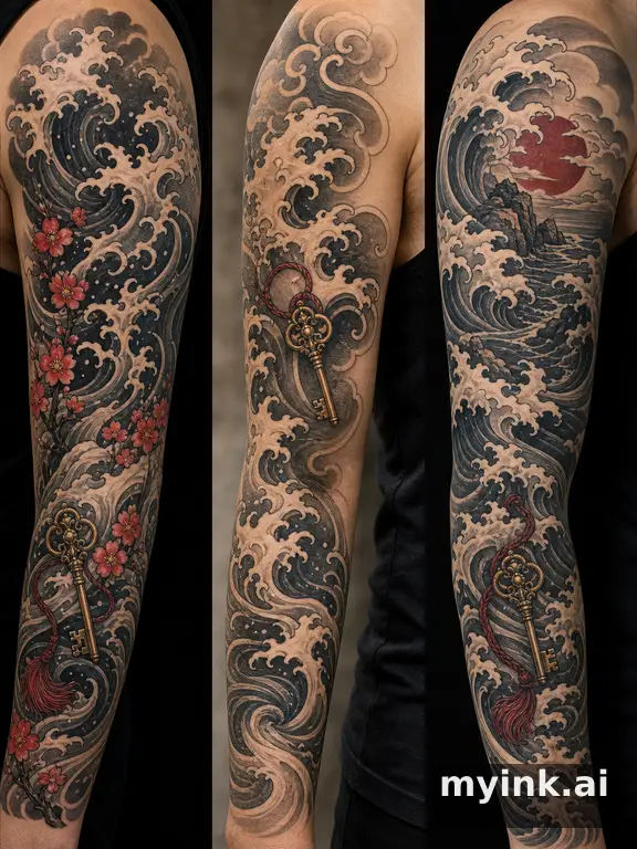 Three symbolic memorial tattoo routes based on ocean waves and a small key — Japanese Tattoo Design reference image
