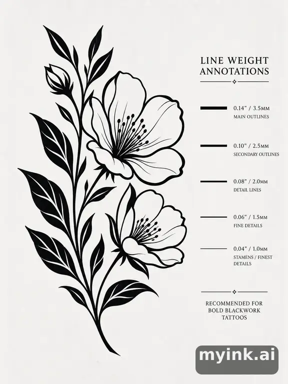 Clean stencil-ready botanical tattoo with line weight annotations — Blackwork Tattoo Design reference image