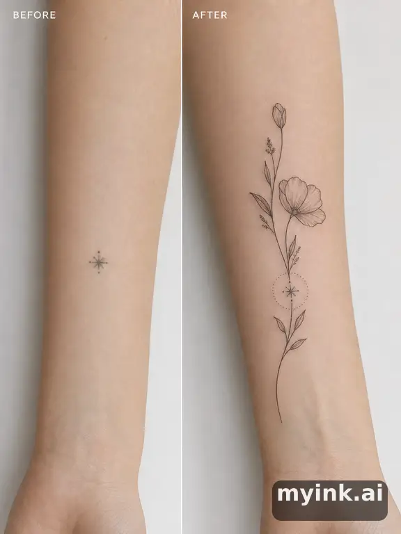Before-and-after cover-up direction that absorbs an old small symbol — Minimalist Tattoo Design reference image