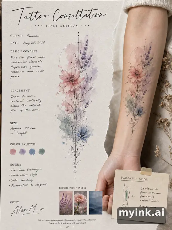 First tattoo consultation sheet with a fine-line forearm design and placement notes — Watercolor Tattoo Design reference image