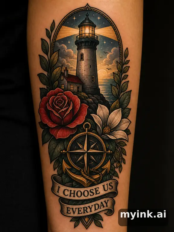 Meaningful vow tattoo concept with subtle symbols and aging-safe spacing — Neotraditional Tattoo Design reference image