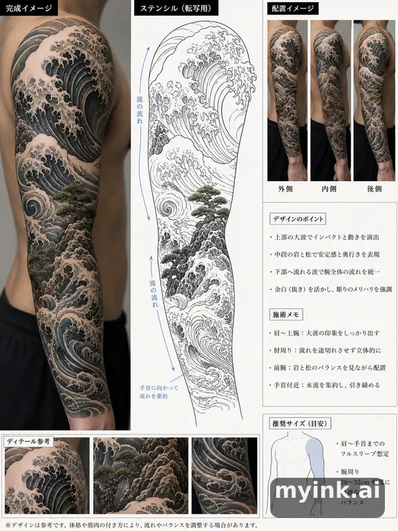 Consultation-ready Japanese wave tattoo plan with stencil and placement notes — Japanese Tattoo Design reference image