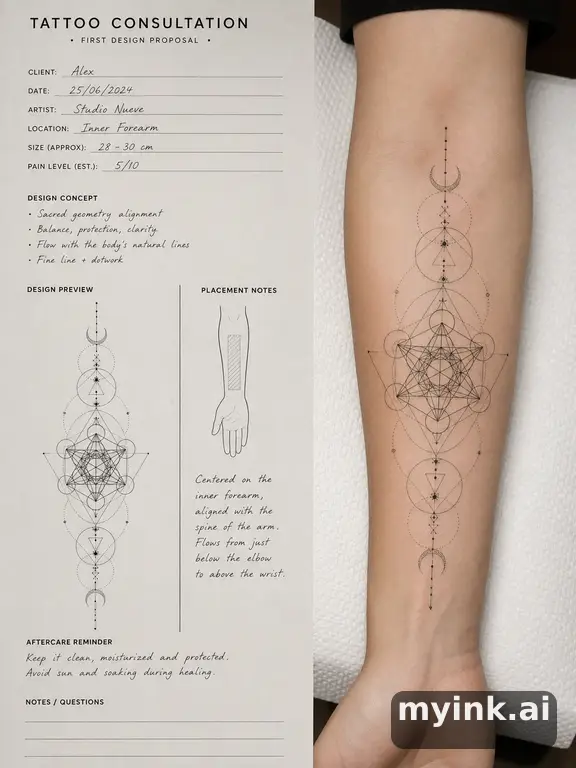 First tattoo consultation sheet with a fine-line forearm design and placement notes — Geometric Tattoo Design reference image