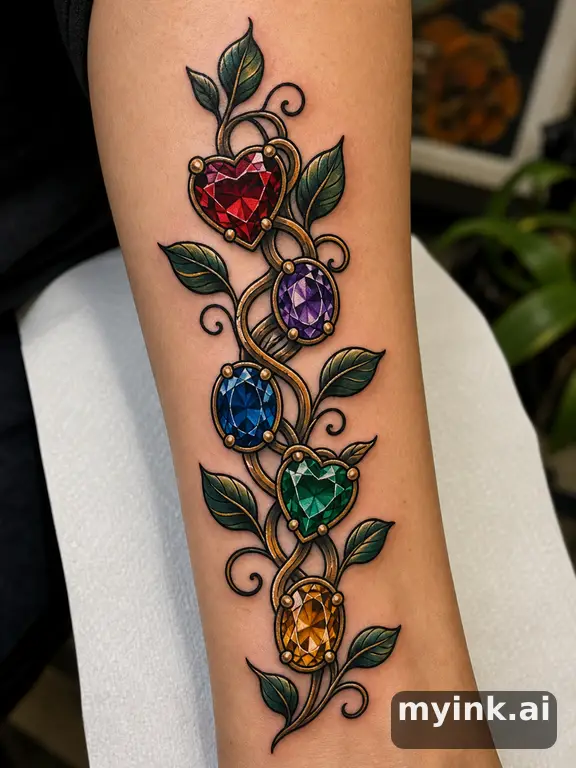 Interlinked family birthstone gems on a vine — Neotraditional Tattoo Design reference image