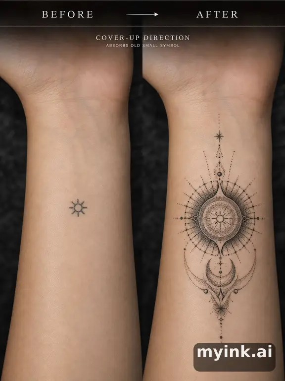 Before-and-after cover-up direction that absorbs an old small symbol — Dotwork Tattoo Design reference image