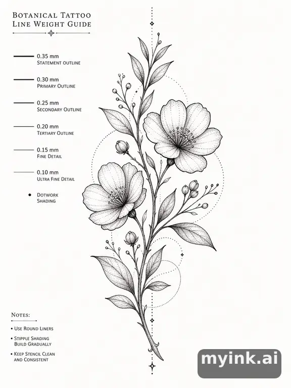 Clean stencil-ready botanical tattoo with line weight annotations — Dotwork Tattoo Design reference image