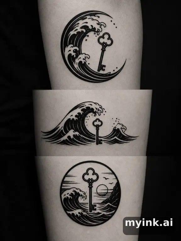 Three symbolic memorial tattoo routes based on ocean waves and a small key — Blackwork Tattoo Design reference image