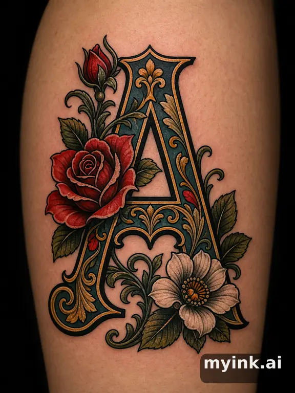 Single capital letter with ornate floral embellishments — Neotraditional Tattoo Design reference image