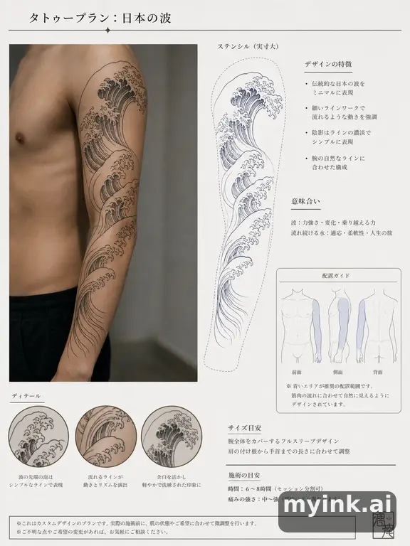 Consultation-ready Japanese wave tattoo plan with stencil and placement notes — Minimalist Tattoo Design reference image