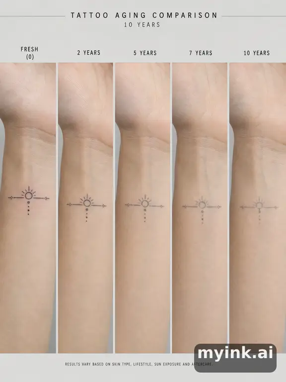Tattoo aging comparison for a minimalist wrist design over ten years — Minimalist Tattoo Design reference image